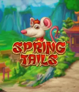 A charming illustration of a white rat wearing a red traditional Chinese outfit standing in a picturesque landscape with mountains. The image promotes the Spring Tails Slot by Betsoft, highlighted with bold gold and red logo lettering.